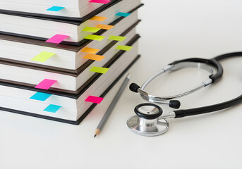 Medical textbooks, a stethoscope, and a pencil represent medical education and study.