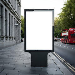 A blank billboard in an urban setting with a red double-decker bus driving past.