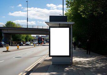 A blank advertising display stands at a bus stop on a city street, ready for content.