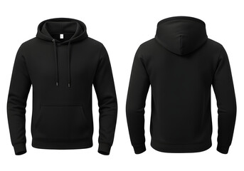 A blank black hoodie, showcasing both front and back views, perfect for design presentations.