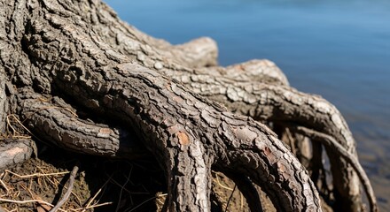 Fototapeta premium Exposed Tree Roots with Textured Bark near Waters Edge