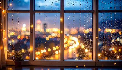 Rainy night cityscape viewed through a large window adorned with fairy lights, rain droplets clinging to the glass, blurring the city lights into bokeh.  A small plant sits on the windowsill