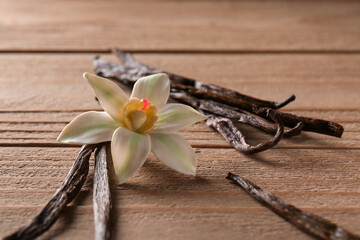 Vanilla sticks and flower on wooden background, closeup