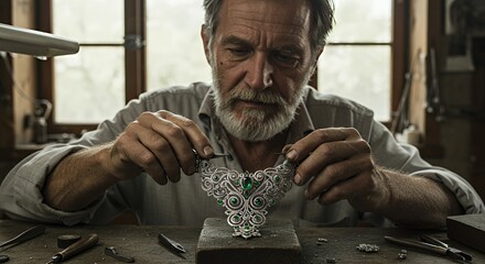 Master Craftsman Delicately Assembles an Emerald and Silver Necklace