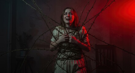 Woman expressing fear while trapped in barbed wire in dark room  