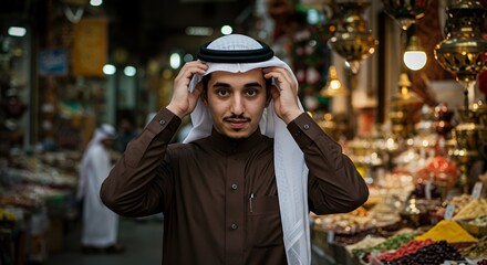 Young Man in Traditional Arab Attire Adjusts His Headscarf Amidst a Vibrant Spice Market