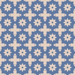 Seamless pattern design featuring blue and white floral illustrations and a cross symbol, perfect for vintage religious fabric decoration or wallpaper art.