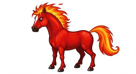 Cartoon red horse with fiery mane and tail standing upright  