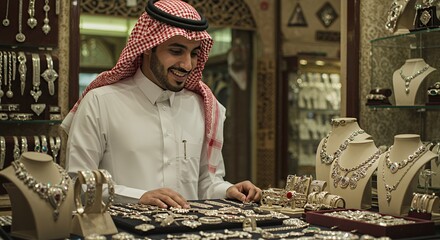 Arabian Man Appraises Exquisite Silver Jewelry in a Traditional Souk