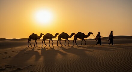 Golden Hour Caravan: Silhouetted camels traverse the desert sands at sunset, guided by their keepers.