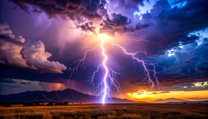 Fototapeta premium Dramatic lightning strike over a vast landscape at sunset