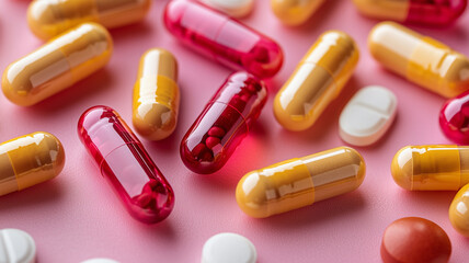 Colorful Assorted Capsules and Pills on Pink Surface.
