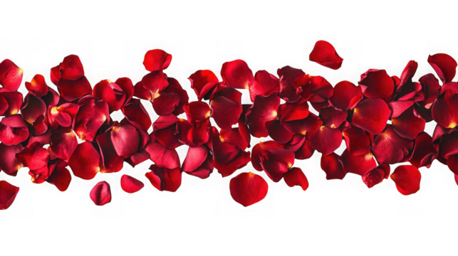 A scattering of deep red rose petals forming a border isolated on transparent background