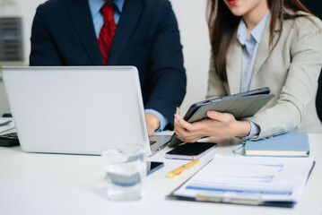 Team work process. Photo young business crew working with new startup project. Project managers meeting.
