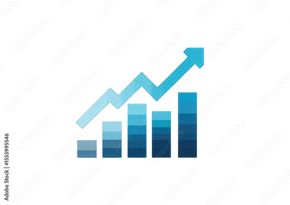Poster ascending blue bar graph with upward-trending arrow, indicating growth and progress
