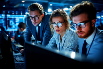 Network security architect firewall encryption technology. Infrastructure strategy technology. Business team analyzing breach prevention dashboard