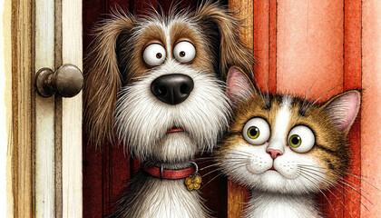 Naklejka na ściany i meble Cartoon dog and cat looking surprised at the doorway in a home 
