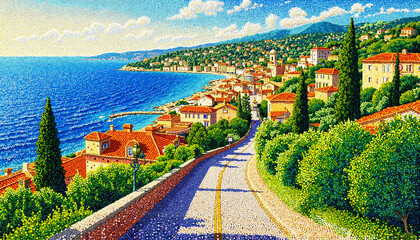 Naklejka premium Scenic coastal road leading to colorful seaside village by the ocean 