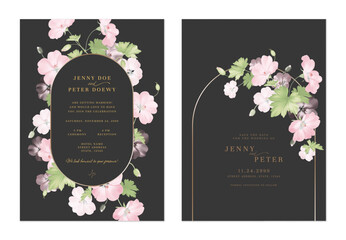 Wedding invitation and save the date template set feature gold-toned metallic arch frames, adorned with delicate pink Geranium Mavis Simpson flowers and leaves on a dark gray background