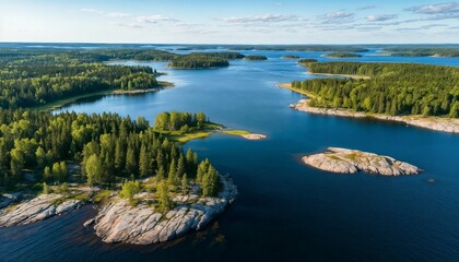 Fototapeta premium Aerial view of tranquil lake surrounded by lush green forests 