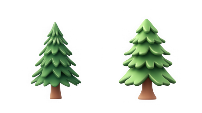 Two cartoon stylized green pine trees with brown trunks isolated on transparent background - Powered by Adobe