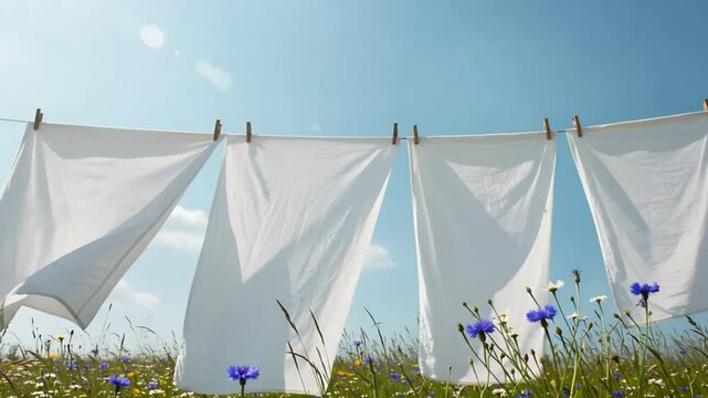 White sheets drying outdoors, sunny field, flowers, fresh laundry