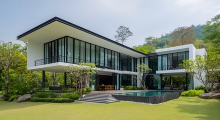 Modern architectural home with a pool and landscaping.