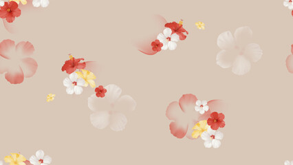 Floral seamless pattern features scattered clusters of red, white, and yellow hibiscus flowers, along with faint, large, light-colored hibiscus silhouettes on a soft brown background