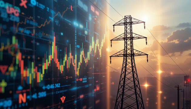 stock market of electricity resources with a gradation of a high voltage transmission line, an electric pole.