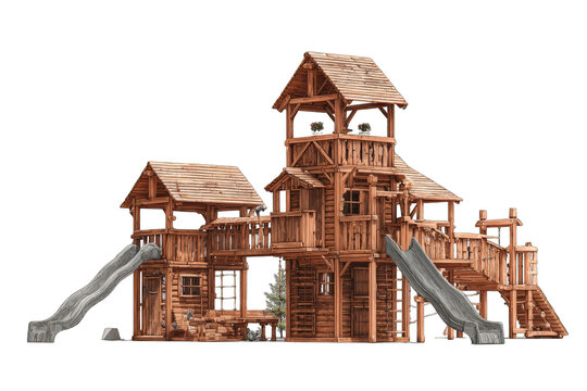 Wooden play structure, multiple levels, and slides