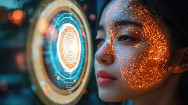 Woman's face overlaid with futuristic, glowing digital map