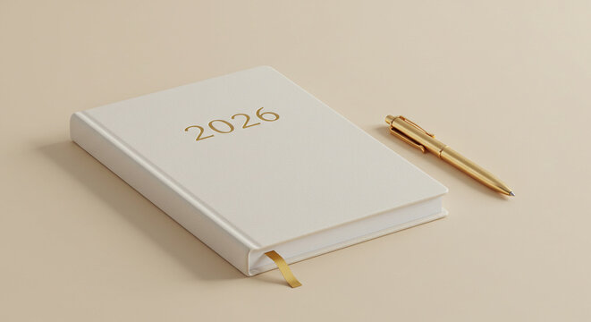 Elegant 2026 planner with sleek gold pen, promising productivity and organization for the year ahead - Powered by Adobe