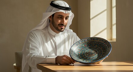 Emirati Man Appreciates Intricate Hand-Painted Bowl in Sunlit Room