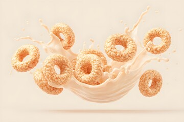 A splash of milk with cereal rings, offering a sense of refreshment and deliciousness. The cereal rings are golden brown, beautifully presented amid a dynamic splash of fresh milk