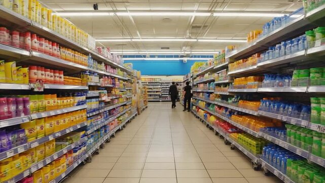 A brightly lit supermarket aisle with blurred customers, symbolizing modern retail, consumer choices, and daily grocery shopping. Ideal for commerce or lifestyle themes.