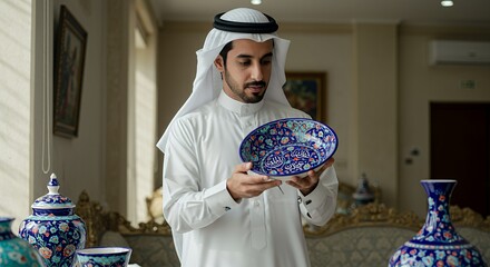 Emirati Man Appreciates Exquisite Hand-Painted Blue Pottery