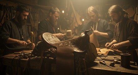 Master Craftsmen Hand-Carve Intricate Leather Saddle in Rustic Workshop