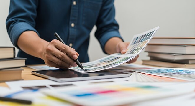 Graphic Designer Selecting Colors on Tablet with Color Swatch and Pen - Powered by Adobe