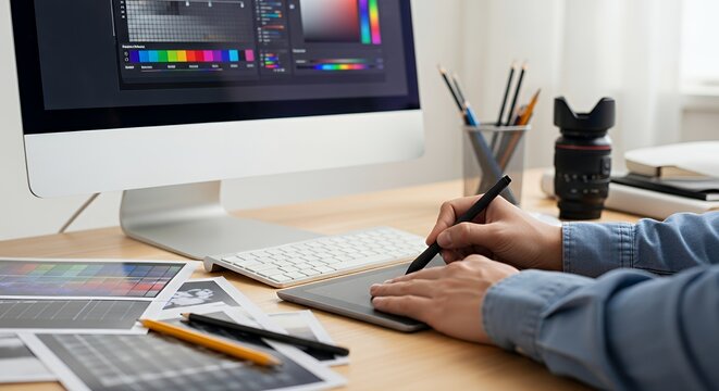 Graphic Designer Working on Digital Art Piece - Powered by Adobe