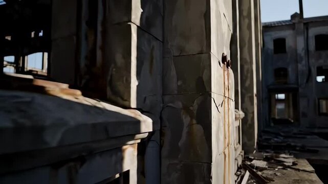 stone-faced - Abandoned building interior showcasing crumbling walls and broken windows, with sunlight streaming through, creating a haunting atmosphere