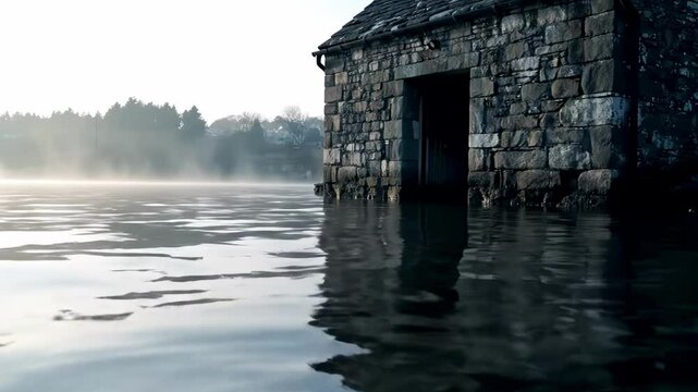 stone-faced - Serene waters reflect a rustic stone building at dawn, surrounded by mist and trees, evoking tranquility and nature's beauty