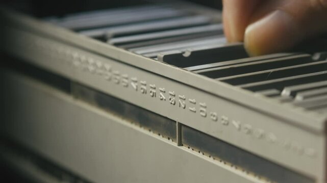 Person sorting through box of diapositive photo slides CLOSE-UP