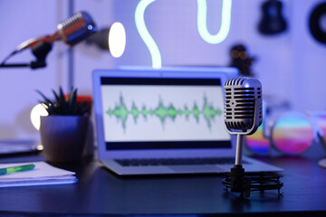 Professional microphone on podcaster's table in dark studio, closeup