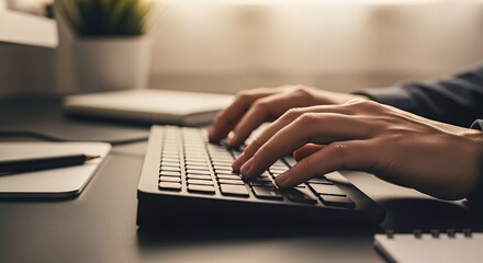 Hands typing on a black keyboard in a warm office setting