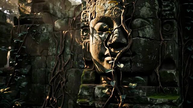 stone-faced - Ancient stone face partially covered in vines, surrounded by lush jungle, with sunlight filtering through trees, creating a mystical atmosphere