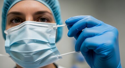 Healthcare worker adjusting face mask with gloved hands closeup view