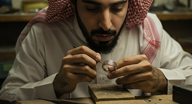 Arabian Goldsmith Meticulously Crafts Intricate Silver Ring