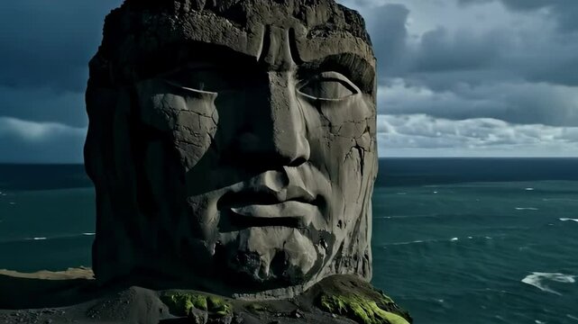 stone-faced - A monumental stone head overlooking a dramatic coastal landscape, with turbulent ocean waves and a cloudy sky in the background, evoking mystery and awe