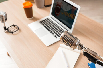 Professional microphone in podcaster's studio, closeup