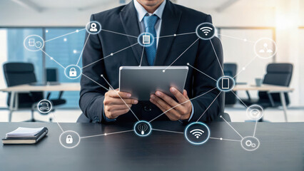 A businessman in a suit uses a digital tablet with interconnected technology and network icons overlayed in a modern office setting.